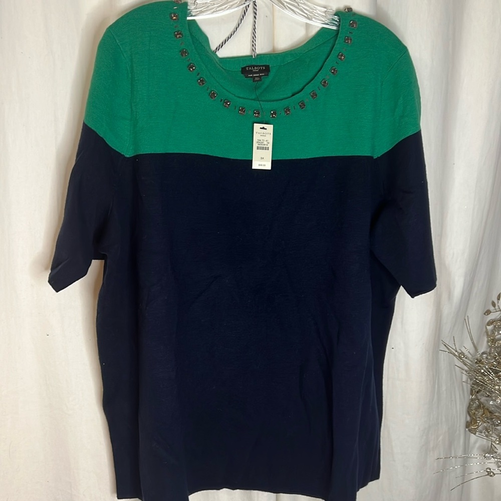 Talbots Green and Navy Short-Sleeve Sweater with Neck Embellishment